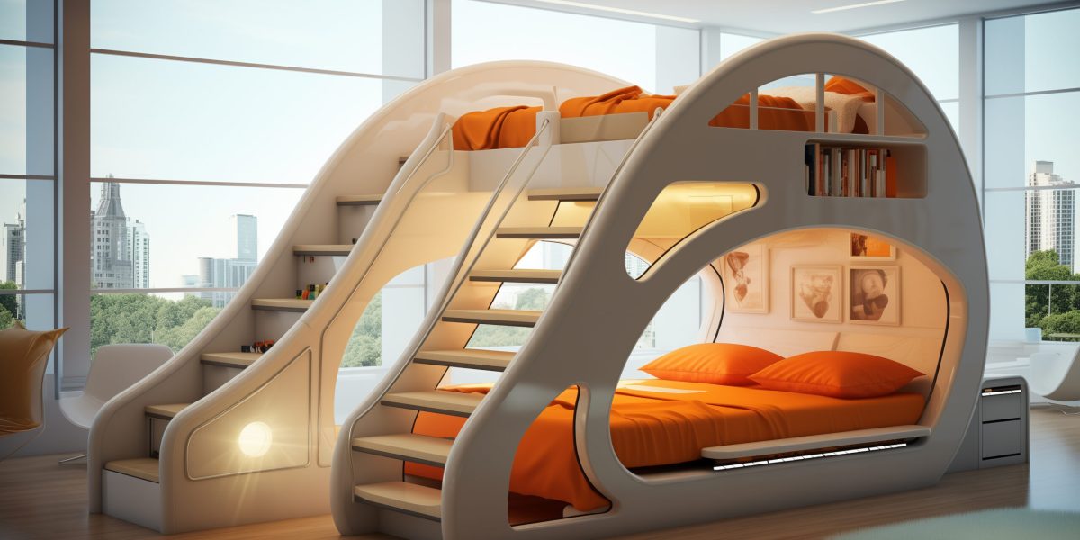a futuristic bunk bed with slide and library --ar 3:2 --v 5.2 Job ID: 8f1102b8-8c04-424a-8edd-0ec3648ac9cc